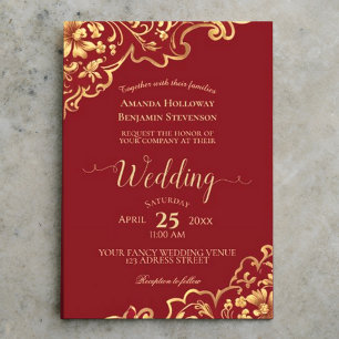 Invitation Élégant Rouge avec Gold Frills Mariage de calligra