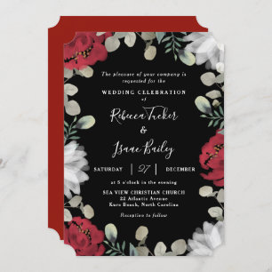 Invitation Elégant Rouge & Blanc Floral Vert Mariage noir