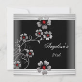Invitation Elégant Rouge Blanc Noir 21e Fleurs d'anniversaire (Devant)
