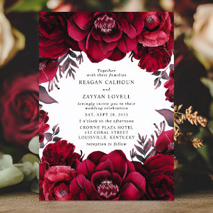 Invitation Élégant Rouge Cramoisi Foncé Floral Mariage Romant