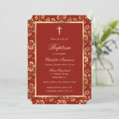 Invitation Élégant Rouge Croix d'or Script Floral Girl Baptis (Debout devant)