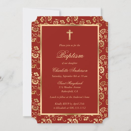 Invitation Élégant Rouge Croix d'or Script Floral Girl Baptis (Devant)