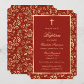 Invitation Élégant Rouge Croix d'or Script Floral Girl Baptis (Devant / Derrière)