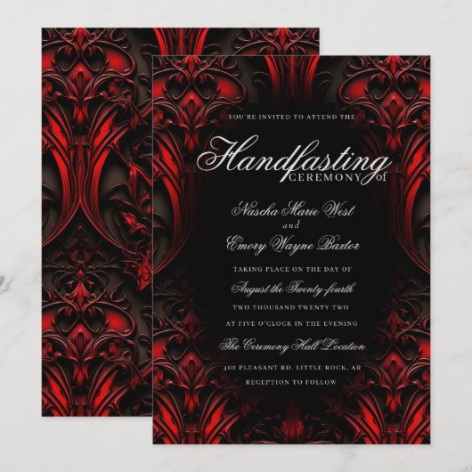 Invitation Élégant rouge et noir gothique Damas à la main (Devant / Derrière)