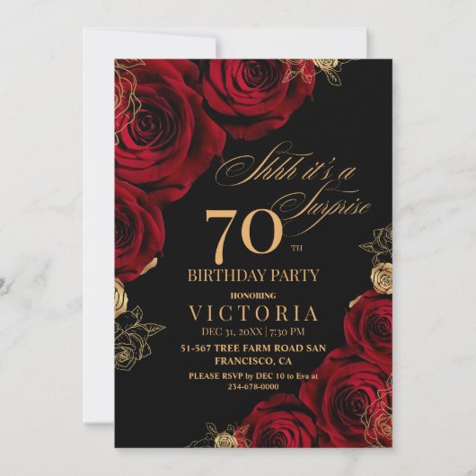 Invitation Elégant rouge et noir Rose 70e anniversaire (Devant)
