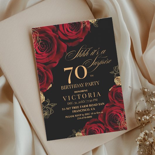 Invitation Elégant rouge et noir Rose 70e anniversaire