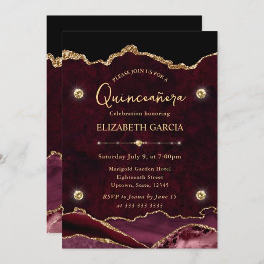 Invitation Élégant Rouge et Or Parties scintillant Agate Quin (Devant / Derrière)