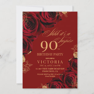 Invitation Elégant rouge et or Rose Floral 90e anniversaire