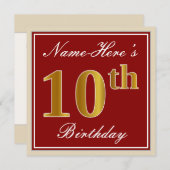 Invitation Elégant, Rouge, Faux Gold 10e anniversaire; Nom pe (Devant / Derrière)