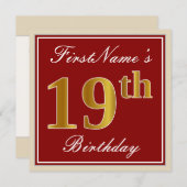 Invitation Elégant, Rouge, Faux Gold 19e anniversaire; Nom pe (Devant / Derrière)