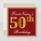 Invitation Elégant, Rouge, Faux Gold 50e Anniversaire; Nom pe (Devant / Derrière)