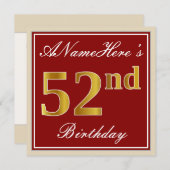 Invitation Elégant, Rouge, Faux Gold 52e anniversaire; Nom pe (Devant / Derrière)