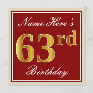 Invitation Elégant, Rouge, Faux Gold 63e anniversaire; Nom pe