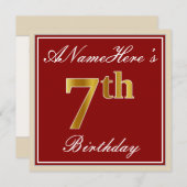 Invitation Elégant, Rouge, Faux Gold 7e anniversaire + Nom pe (Devant / Derrière)