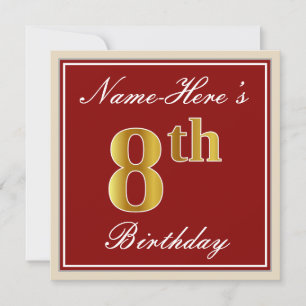 Invitation Elégant, Rouge, Faux Gold 8e anniversaire + Nom pe