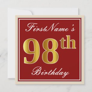 Invitation Elégant, rouge, Faux Gold 98e anniversaire ; Nom p