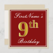Invitation Elégant, Rouge, Faux Gold 9e anniversaire + Nom pe (Devant / Derrière)