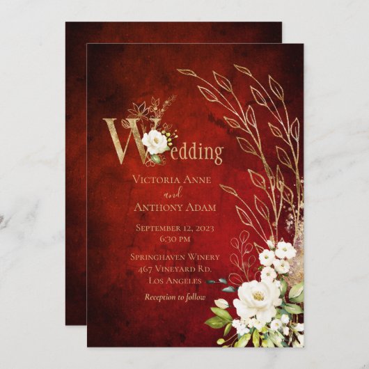 Invitation Élégant rouge floral rustique Mariage de script (Devant / Derrière)