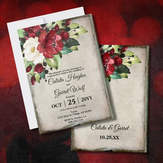 Invitation Élégant Rouge foncé Floral Grunge Grey Goth Mariag