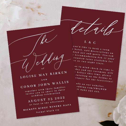 Invitation Élégant Rouge foncé Plum Bourgogne Blanc Le Mariag