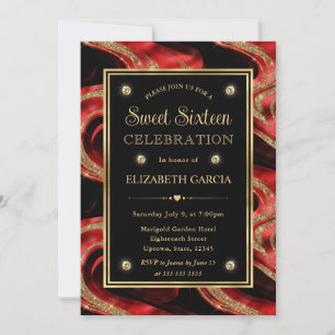Invitation Élégant Rouge Fondu et Or Pailleté Douce 16