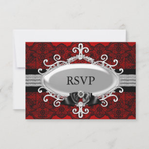 Invitation Elégant rouge noir dentelle et bijoux bow RSVP