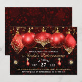 Invitation Elégant Rouge & Or Baubles de Noël Quinceanera (Devant / Derrière)