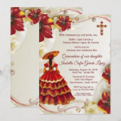 Invitation Élégant Rouge or Floral Charra Quinceanera (Devant / Derrière)