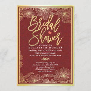 Invitation Elégant Rouge & Or Floral Douche nuptiale Invitati