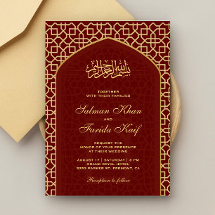 Invitation Élégant Rouge or islamique Mihrab Mariage musulman