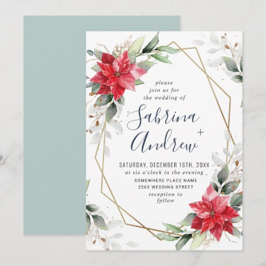 Invitation Elégant Rouge Poinsettia Mariage de verdure hivern (Devant / Derrière)