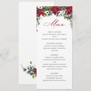 Invitation Elégant Rouge Poinsettia Menu Mariage de Noël