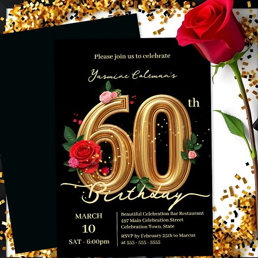 Invitation Elégant Rouge Rose Roses & Or Numéro 60e anniversa