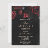 Invitation Élégant rouge Roses Bat mitzvah gothique (Devant)