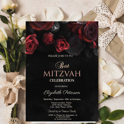 Invitation Élégant rouge Roses Bat mitzvah gothique