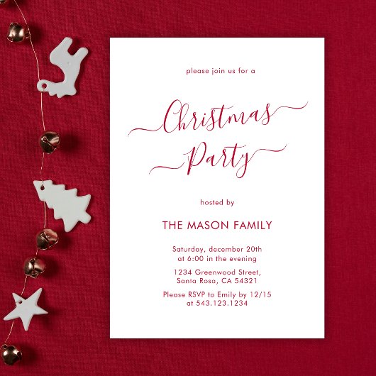 Invitation Élégant Rouge Script Blanc Fête de Noël