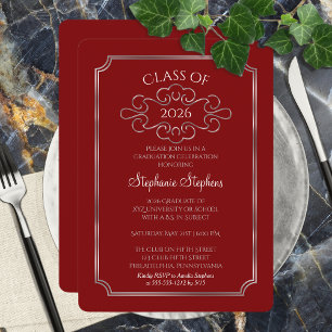 Invitation Élégant rouge   Silver College Graduation Party