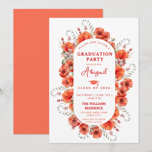 Invitation Elégant Rouge Watercolor Poppies Graduation (Devant / Derrière)