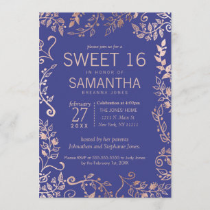 Invitation Elégant Roya Rose bleu or Floral Sweet 16 Invitati