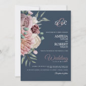 Invitation Elégant Royal bleu Dusty Rose Floral (Devant)