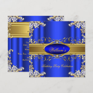 Invitation Elégant Royal Bleu Or Fête d'anniversaire Floral 4