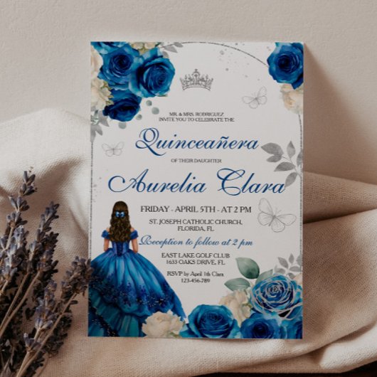 Invitation Elégant Royal Bleu Rose or Quinceanera