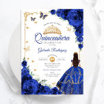Invitation Elégant Royal Bleu Rose or Quinceanera<br><div class="desc">Invitation à la célébration de la Quinceanera en bleu, or et blanc. En vedette brune fille en robe de robe de bal, police de script, papillons d'or, roses bleu marine et tiara. Parfait pour une élégante célébration de glamour de style princesse. Personnalisez avec vos propres détails. Invitations Zazzle imprimées ou...</div>