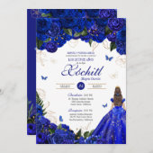 Invitation Elégant Royal Bleu Rose papillon Quinceañera Inv (Devant / Derrière)
