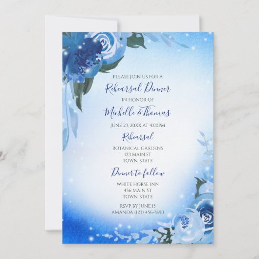 Invitation Elégant Royal Blue Aquarelle Floral Verdure (Devant)