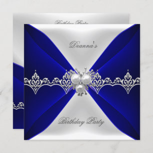 Invitation Elégant Royal Blue Bijou d'anniversaire Blanc Soie