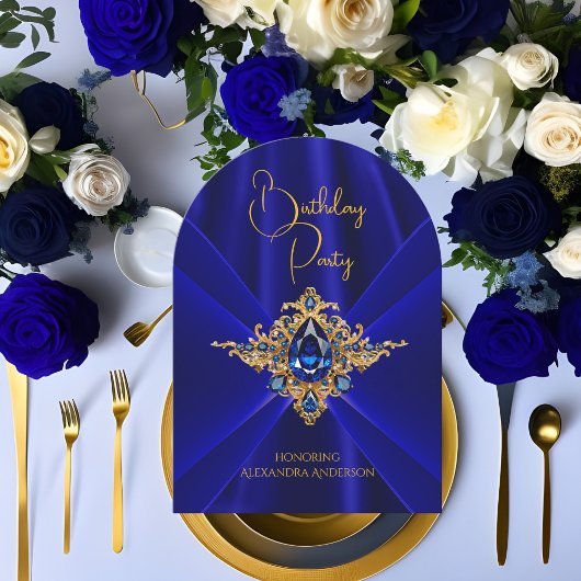 Invitation Elégant Royal Blue Birthday Gold Jewel Faux Silk