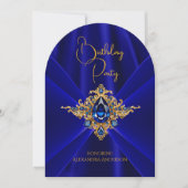 Invitation Elégant Royal Blue Birthday Gold Jewel Faux Silk (Devant)