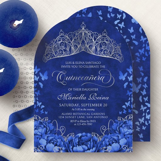 Invitation Élégant Royal Blue Butterflies Crown Quinceanera