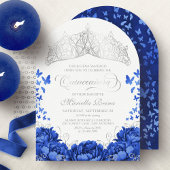 Invitation Élégant Royal Blue Butterflies Crown Quinceanera